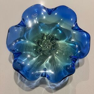 Vtg Royal Gallery Blue Green Ombre Crystal Glass Footed Bowl‎ Centerpiece 10.5"W